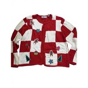 Red and White Checkered Women's Sweater with Holiday Patches